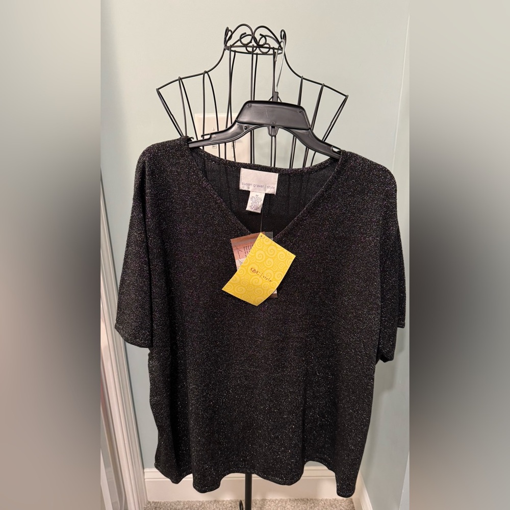 NEW Susan Graver QVC Metallic Sparkles Black short sleeve Sweater 3X 3XL women